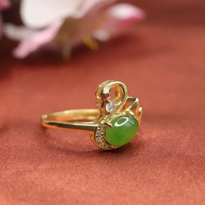 Guan Yu Jade Ring Swan Design Green Jade - Image 3