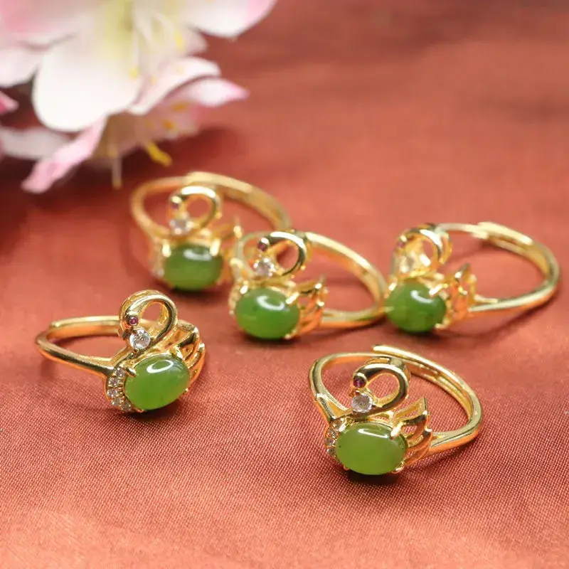 Guan Yu Jade Ring Swan Design Green Jade - Image 6