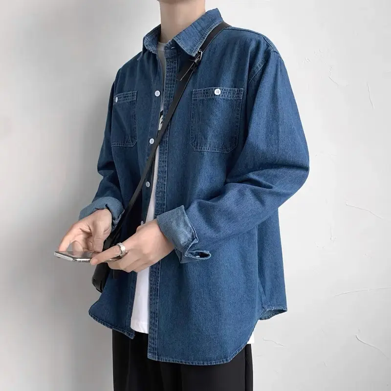 Men Denim Lapel Shirt Spring Autumn Harajuku Style Blue