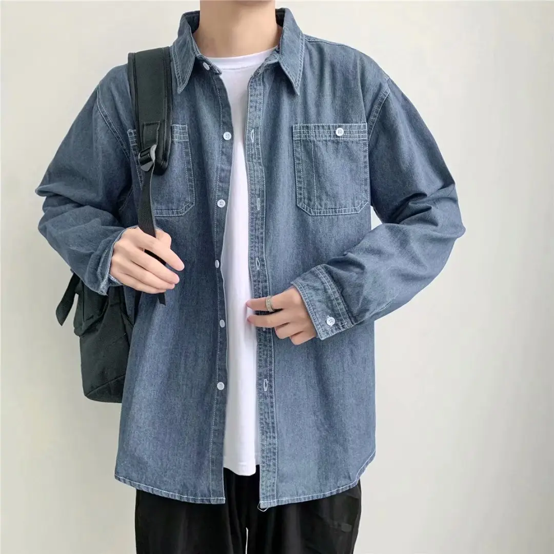 Men Denim Lapel Shirt Spring Autumn Harajuku Style Blue