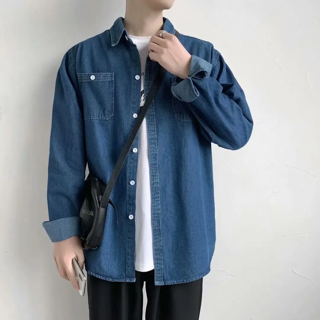Men Denim Lapel Shirt Spring Autumn Harajuku Style Blue