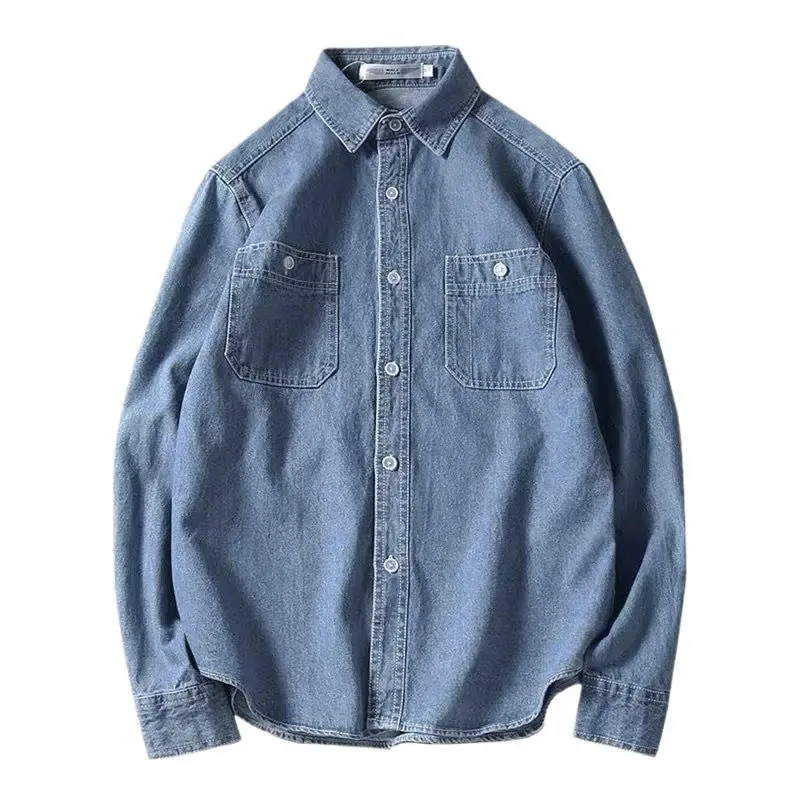 Men Denim Lapel Shirt Spring Autumn Harajuku Style Blue