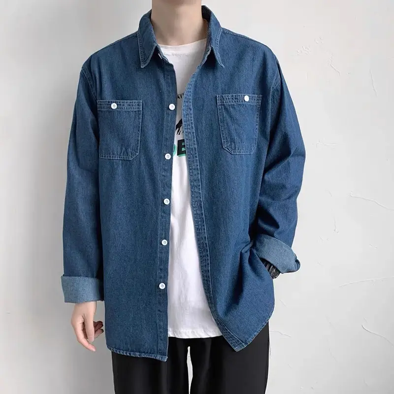 Men Denim Lapel Shirt Spring Autumn Harajuku Style Blue