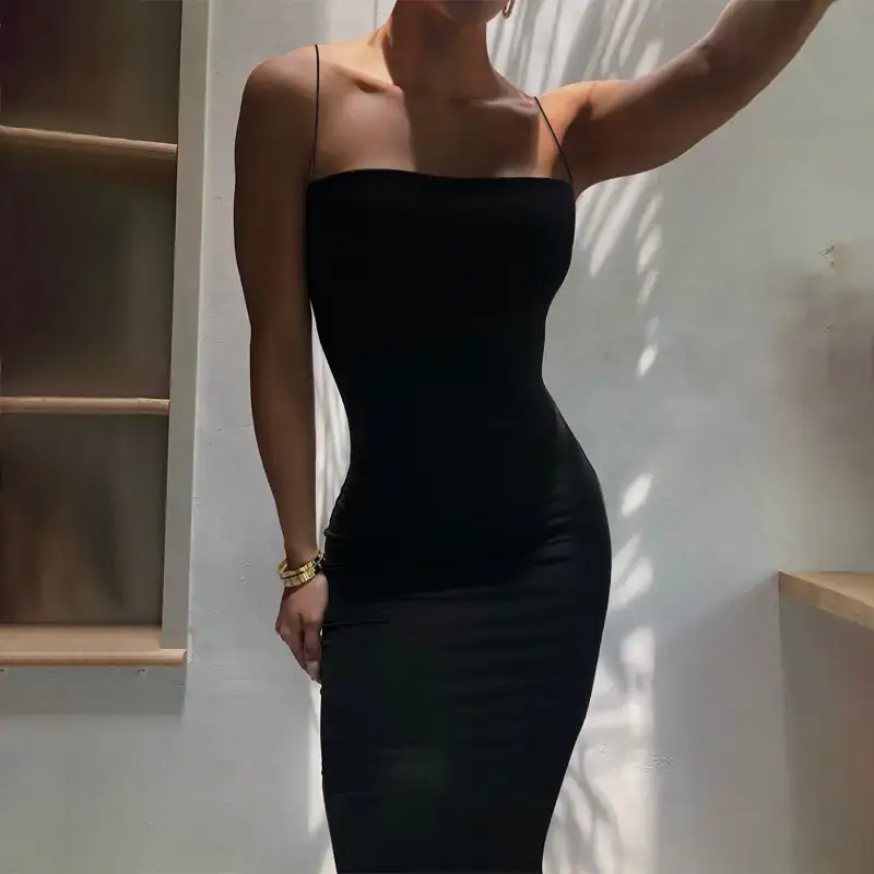 Black Slim Fit Long Skirt Suspender Dress for Women - Image 6