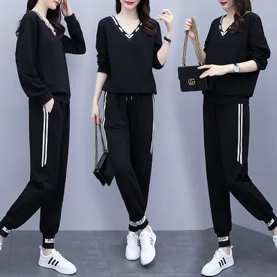 Women's Black Two-Piece Autumn Suit with White Stripes - Image 2