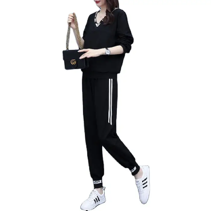 Women's Black Two-Piece Autumn Suit with White Stripes - Image 5