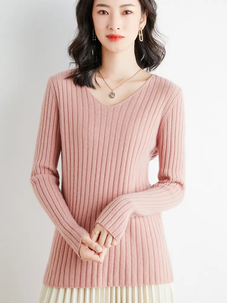 Women's Pink Knit Round Neck Sweater Pit Slim Fit - Image 13