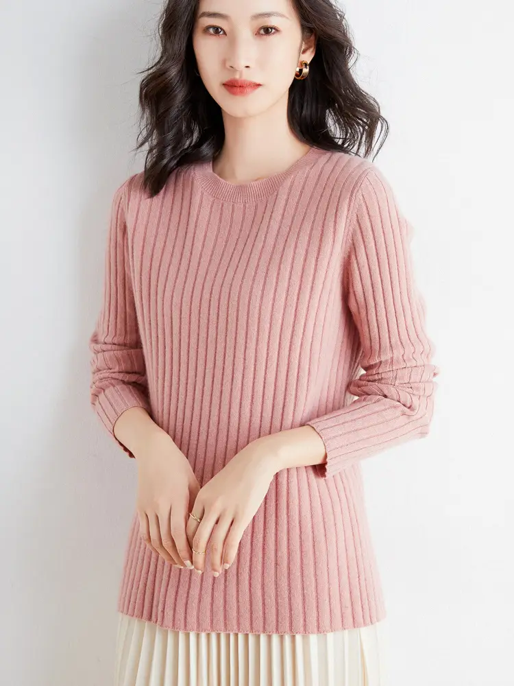Women's Pink Knit Round Neck Sweater Pit Slim Fit - Image 3