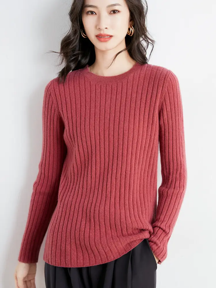 Women's Pink Knit Round Neck Sweater Pit Slim Fit - Image 9