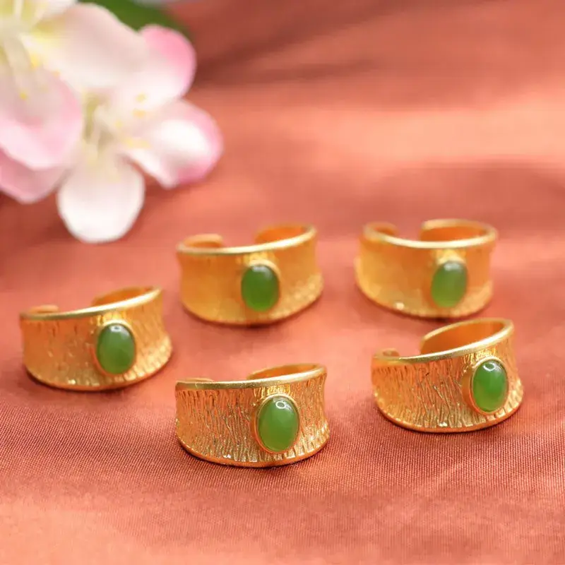 Golden Jade Finger Rings with Green Stones Wholesale