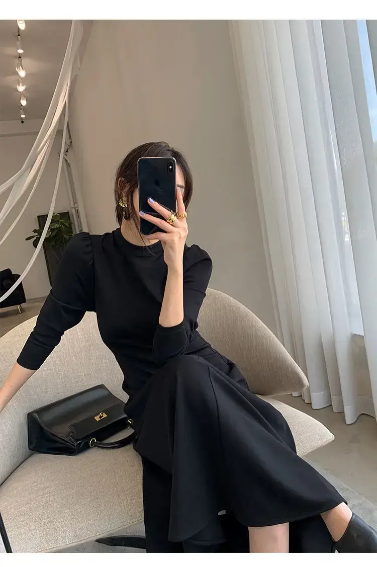 Black Korean Style Dress with Long Skirt & Waist-Cinching Sleeves — feature 11
