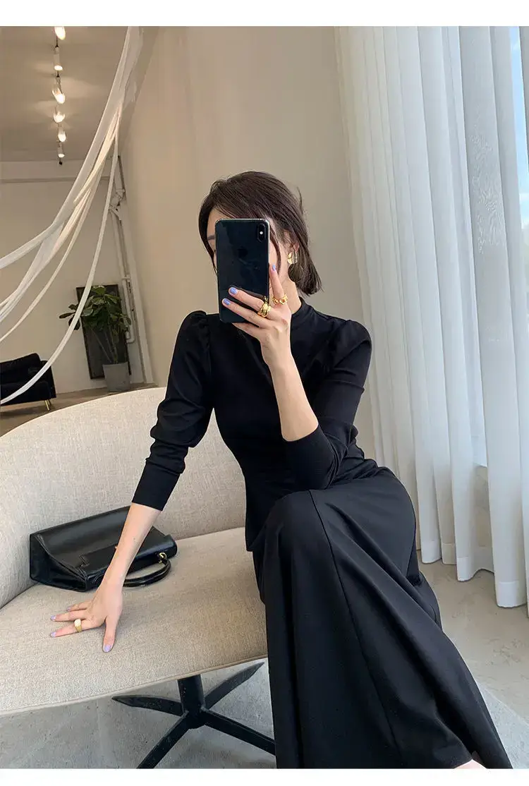Black Korean Style Dress with Long Skirt & Waist-Cinching Sleeves — feature 13