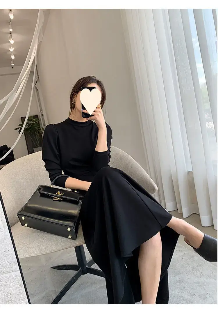 Black Korean Style Dress with Long Skirt & Waist-Cinching Sleeves — feature 14