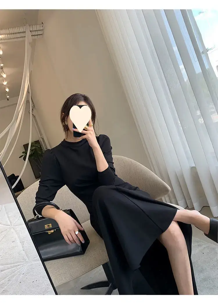 Black Korean Style Dress with Long Skirt & Waist-Cinching Sleeves — feature 15