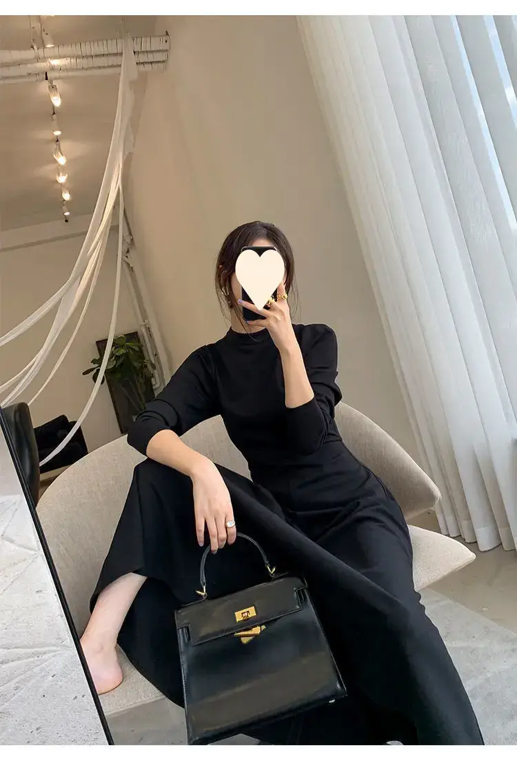 Black Korean Style Dress with Long Skirt & Waist-Cinching Sleeves — feature 17