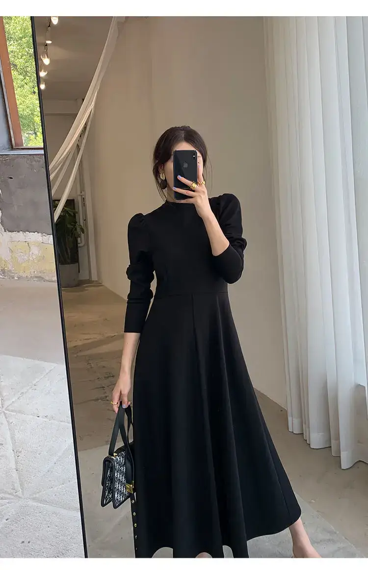 Black Korean Style Dress with Long Skirt & Waist-Cinching Sleeves — feature 4