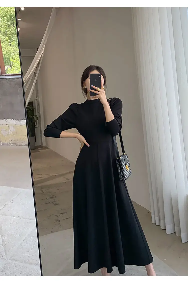 Black Korean Style Dress with Long Skirt & Waist-Cinching Sleeves — feature 6