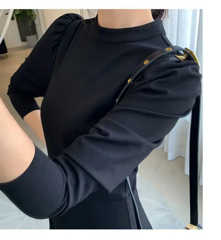 Black Korean Style Dress with Long Skirt & Waist-Cinching Sleeves — feature 7