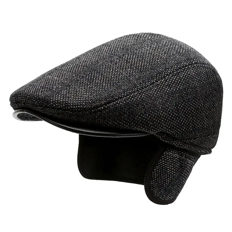 Men's Plaid Wool Cap Winter Ear Protection Black