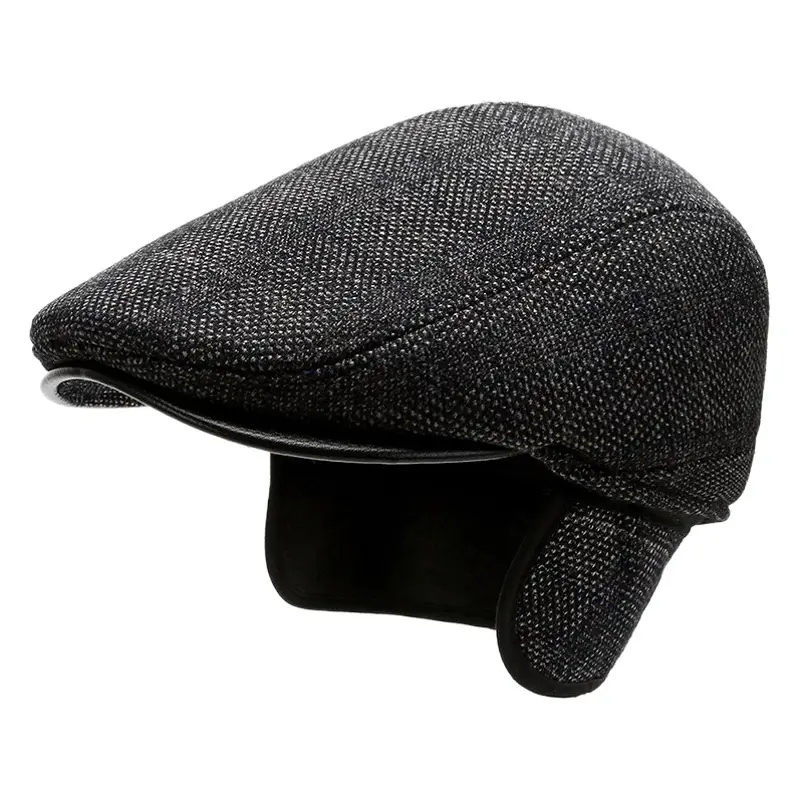 Men's Plaid Wool Cap Winter Ear Protection Black
