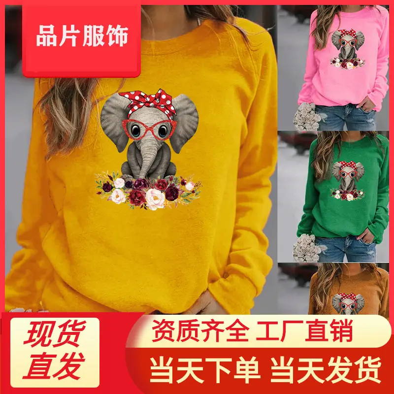Women Green Elephant Flower Sweatshirt Long Sleeve - Image 12