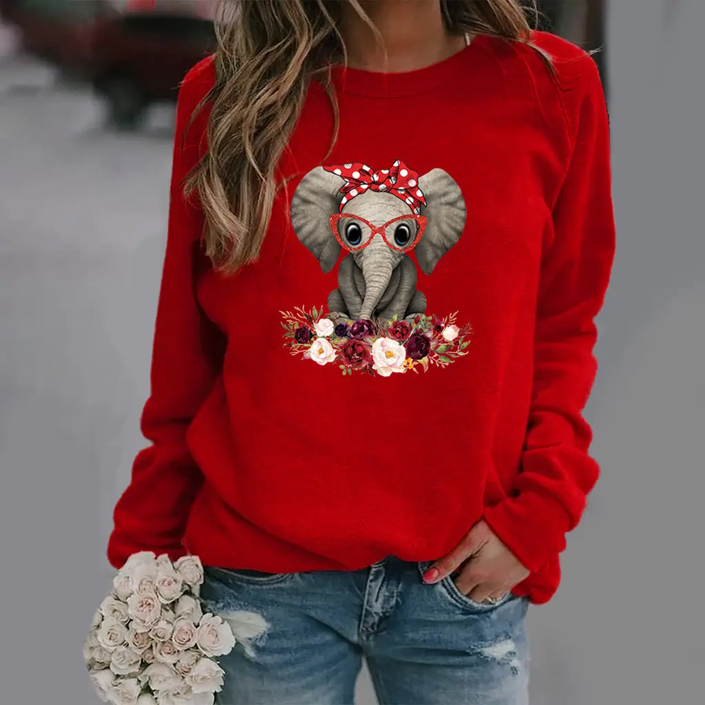 Women Green Elephant Flower Sweatshirt Long Sleeve - Image 15
