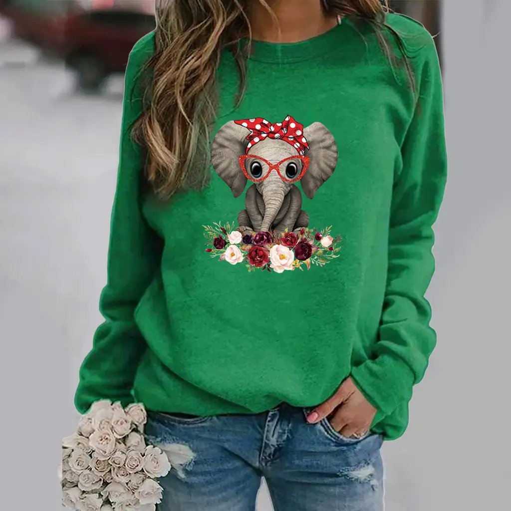 Women Green Elephant Flower Sweatshirt Long Sleeve - Image 16