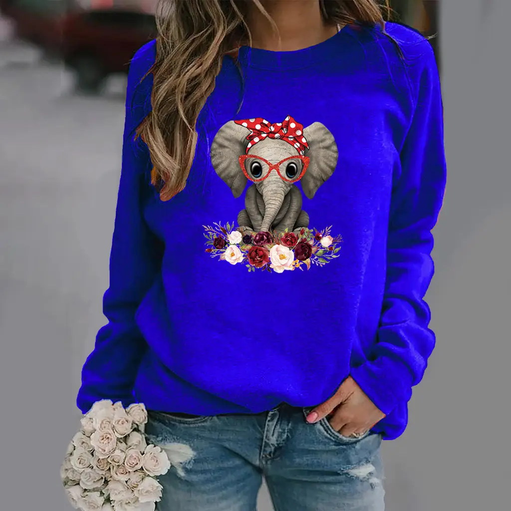 Women Green Elephant Flower Sweatshirt Long Sleeve - Image 10