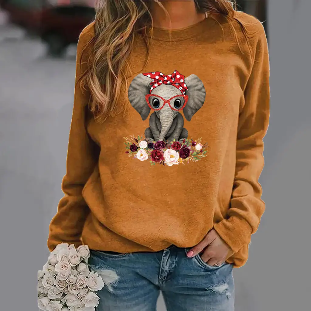 Women Green Elephant Flower Sweatshirt Long Sleeve - Image 2
