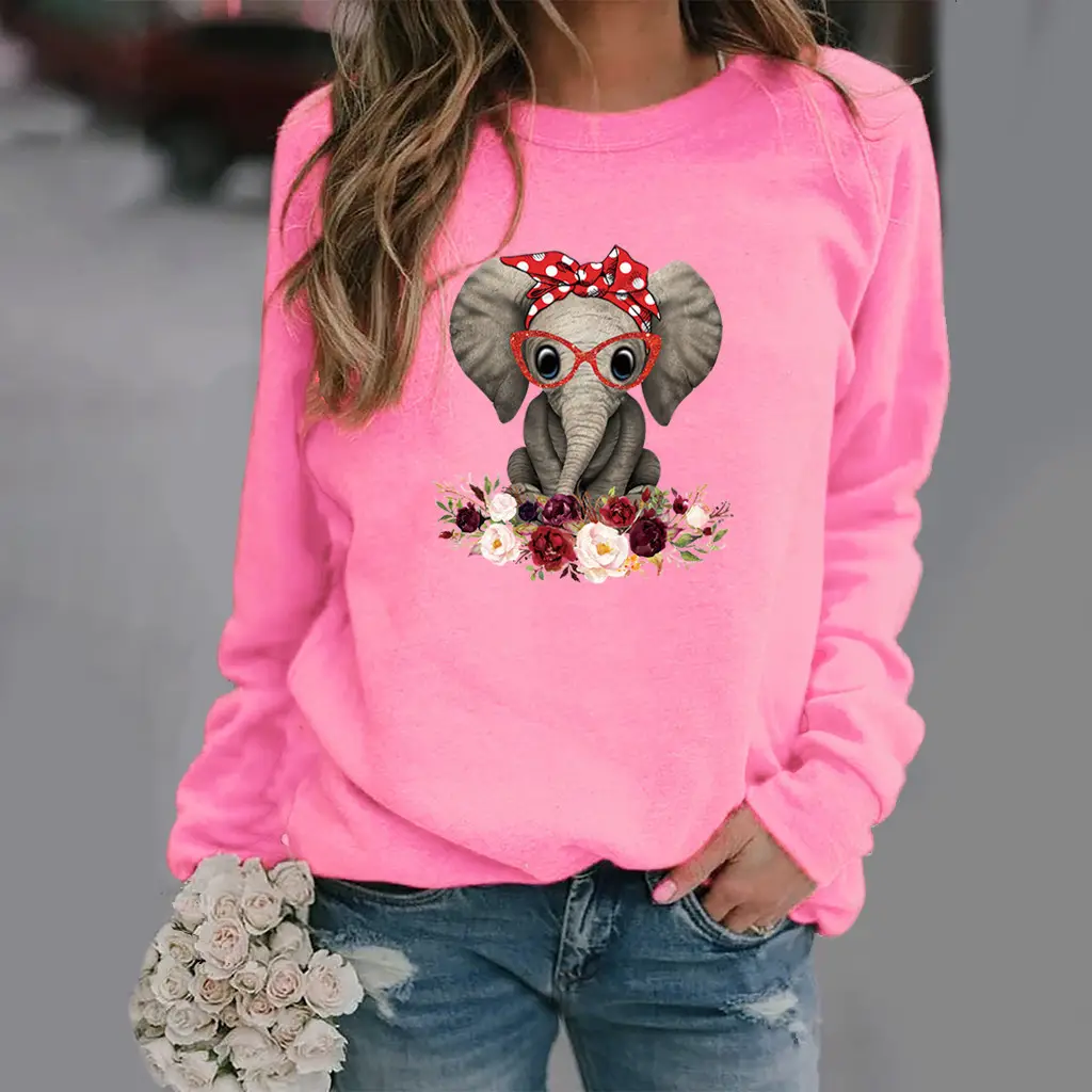 Women Green Elephant Flower Sweatshirt Long Sleeve - Image 3