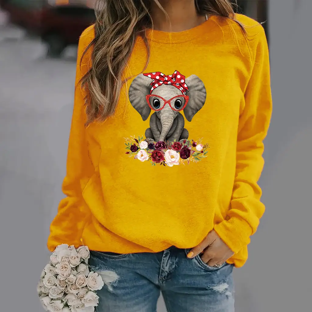 Women Green Elephant Flower Sweatshirt Long Sleeve - Image 4