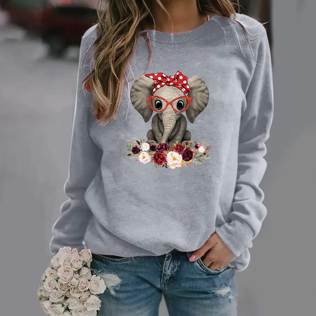 Women Green Elephant Flower Sweatshirt Long Sleeve - Image 7