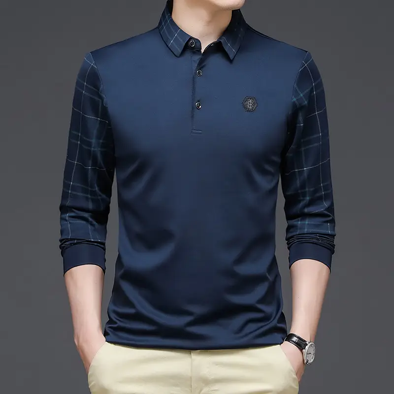 Men Navy Blue Plaid Sleeve Polo Shirt - Image 4