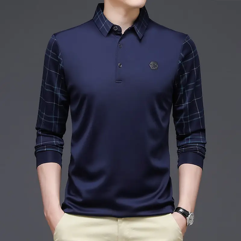 Men Navy Blue Plaid Sleeve Polo Shirt - Image 5