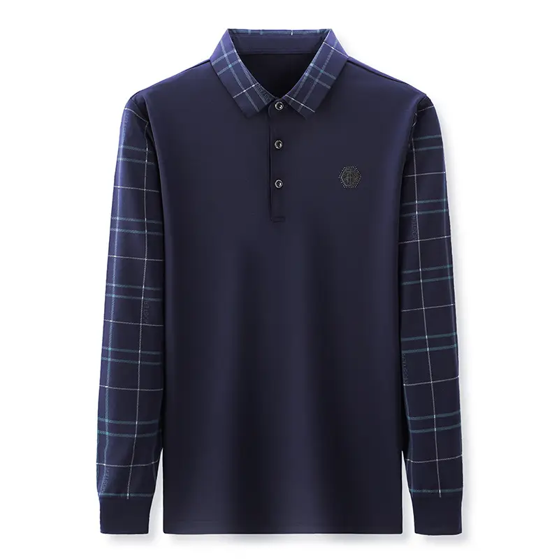 Men Navy Blue Plaid Sleeve Polo Shirt - Image 7