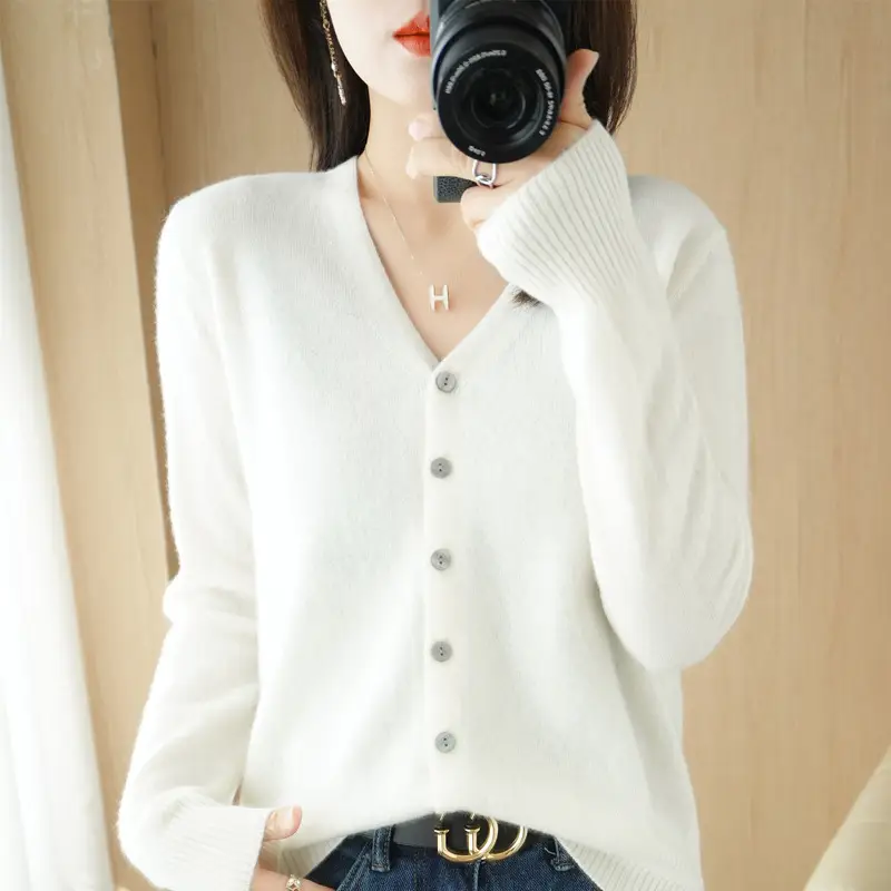 Women Knit V-Neck Cardigan Yellow 2024 Spring - Image 25