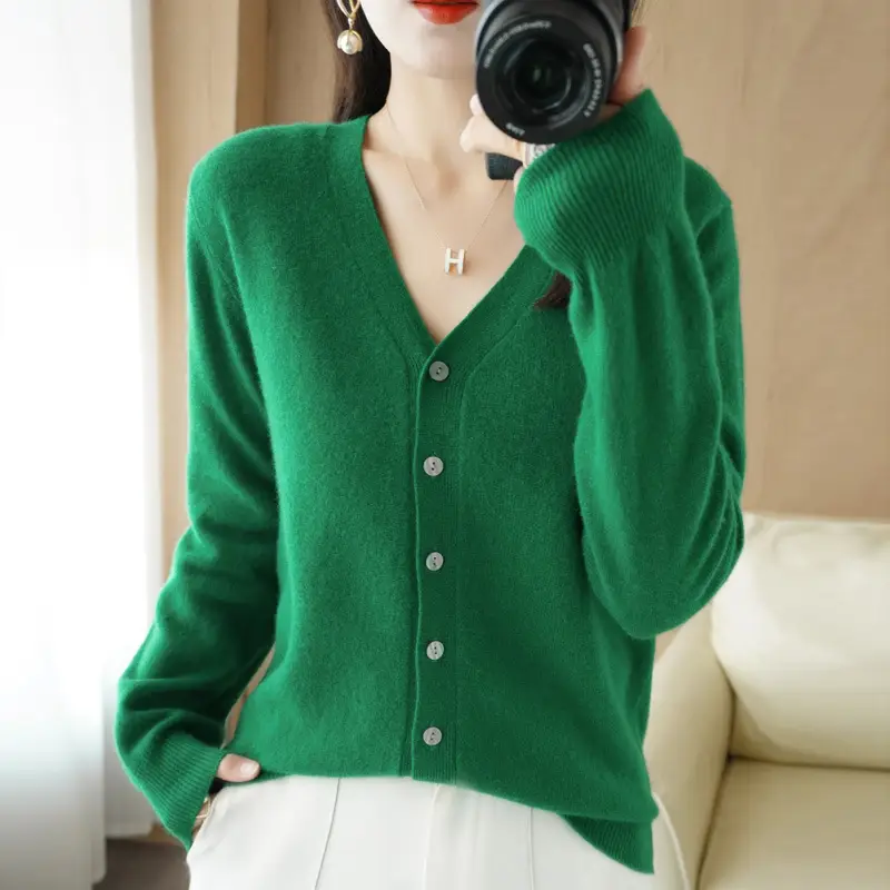 Women Knit V-Neck Cardigan Yellow 2024 Spring - Image 14