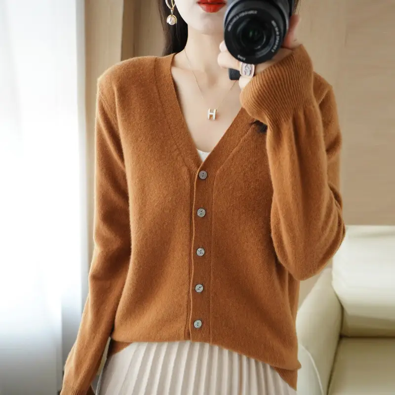Women Knit V-Neck Cardigan Yellow 2024 Spring - Image 16
