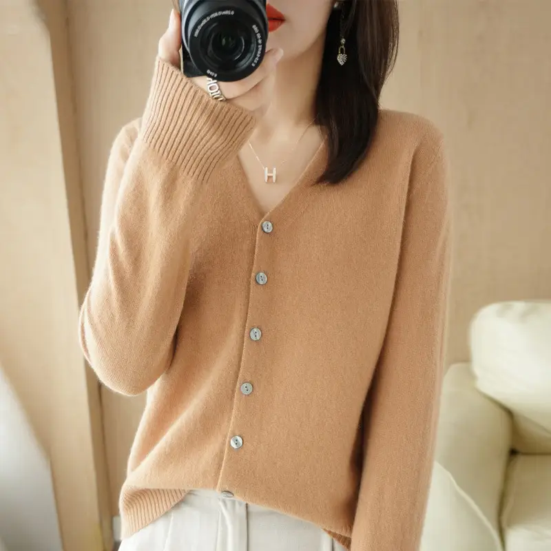 Women Knit V-Neck Cardigan Yellow 2024 Spring - Image 17