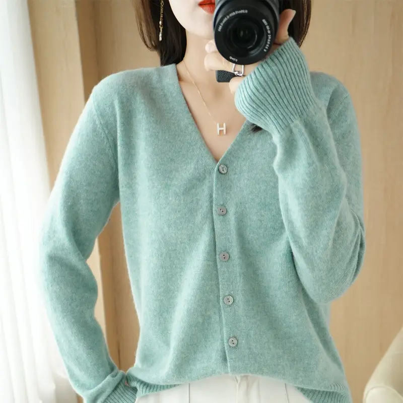 Women Knit V-Neck Cardigan Yellow 2024 Spring - Image 18