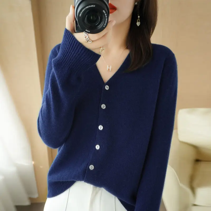 Women Knit V-Neck Cardigan Yellow 2024 Spring - Image 19