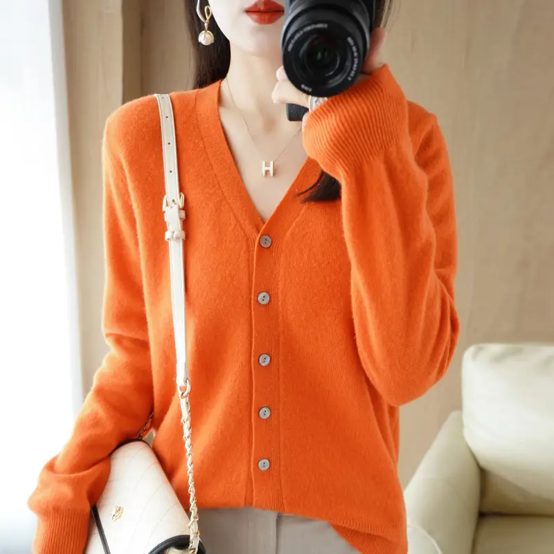 Women Knit V-Neck Cardigan Yellow 2024 Spring - Image 20