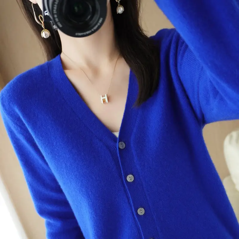 Women Knit V-Neck Cardigan Yellow 2024 Spring - Image 21