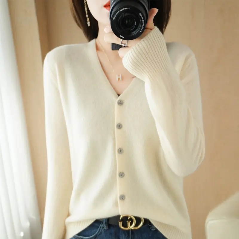 Women Knit V-Neck Cardigan Yellow 2024 Spring - Image 9