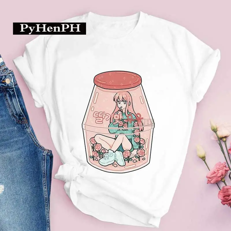 Women Pink T-Shirt Strawberry Juice Print 2021 - Image 10