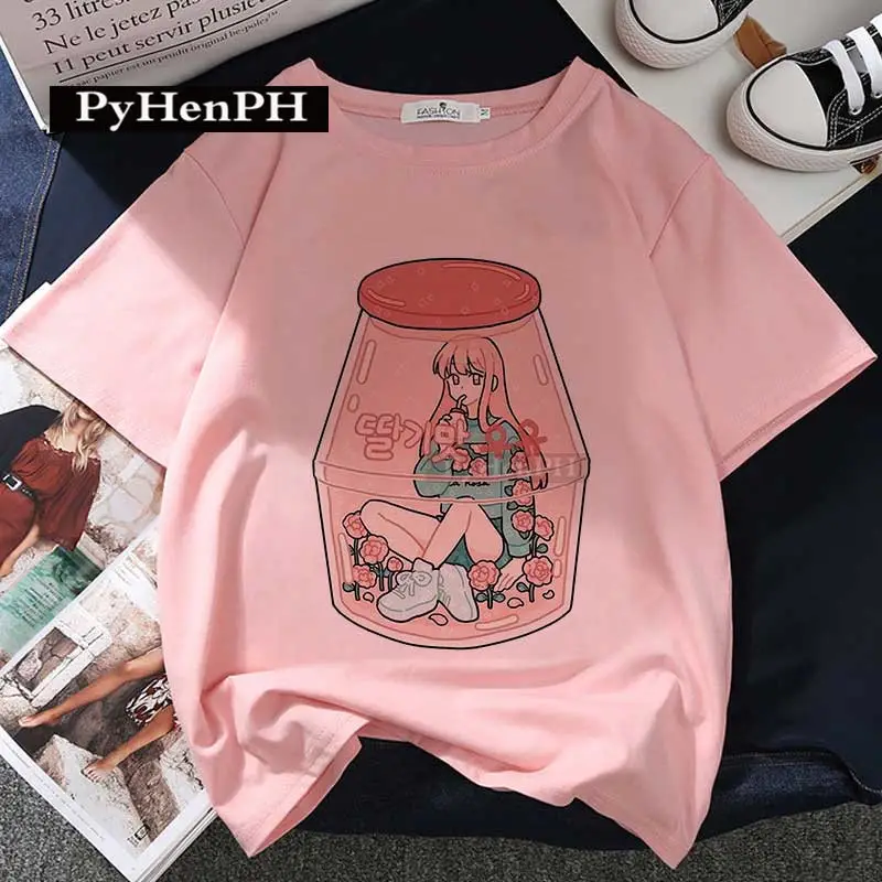 Women Pink T-Shirt Strawberry Juice Print 2021 - Image 11