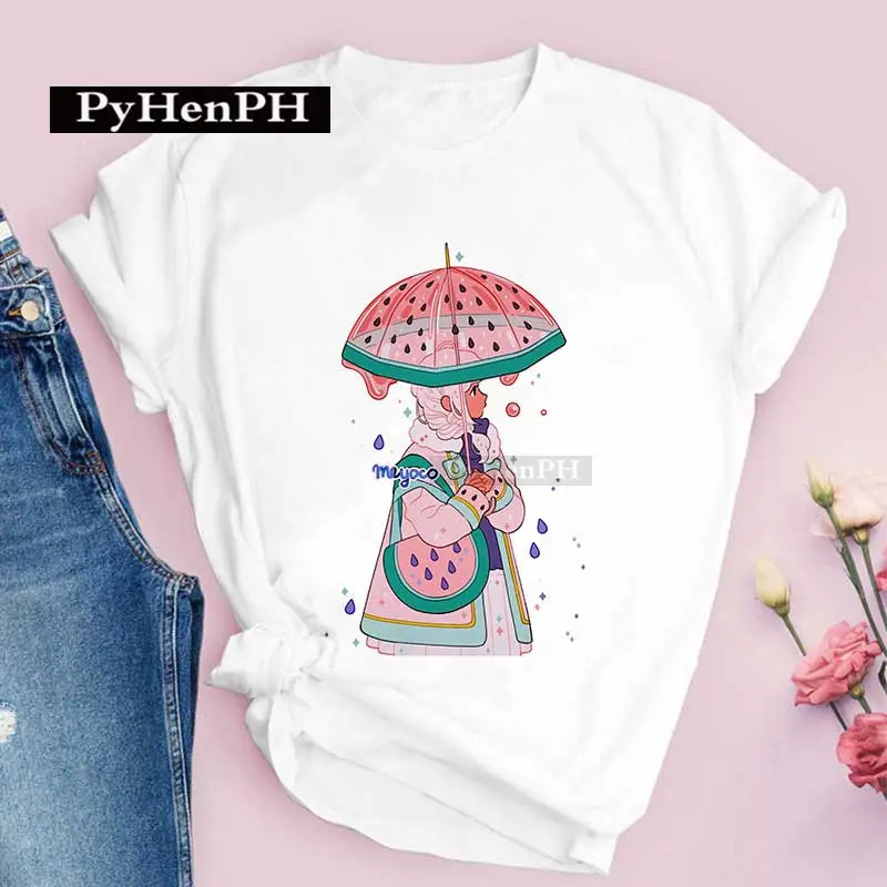 Women Pink T-Shirt Strawberry Juice Print 2021 - Image 13
