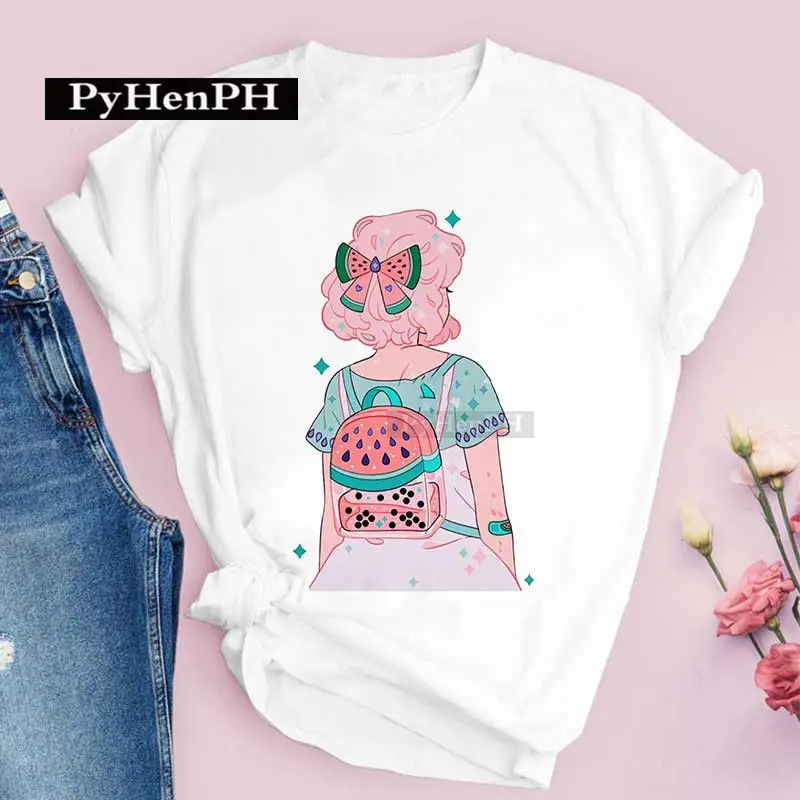 Women Pink T-Shirt Strawberry Juice Print 2021 - Image 17