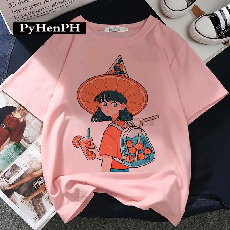Women Pink T-Shirt Strawberry Juice Print 2021 - Image 18