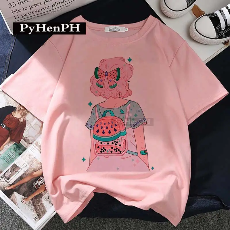 Women Pink T-Shirt Strawberry Juice Print 2021 - Image 19